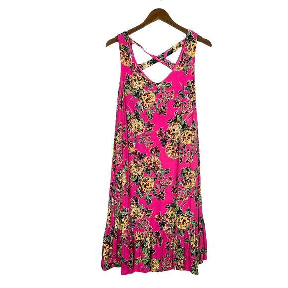 Oddy | NWT Pink Floral Textured Cross Back Knee Length Swing Dress - Picture 1 of 10